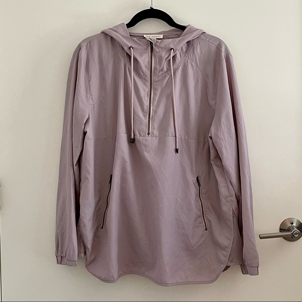 Lilac LA Hearts rain zip-up with hood.